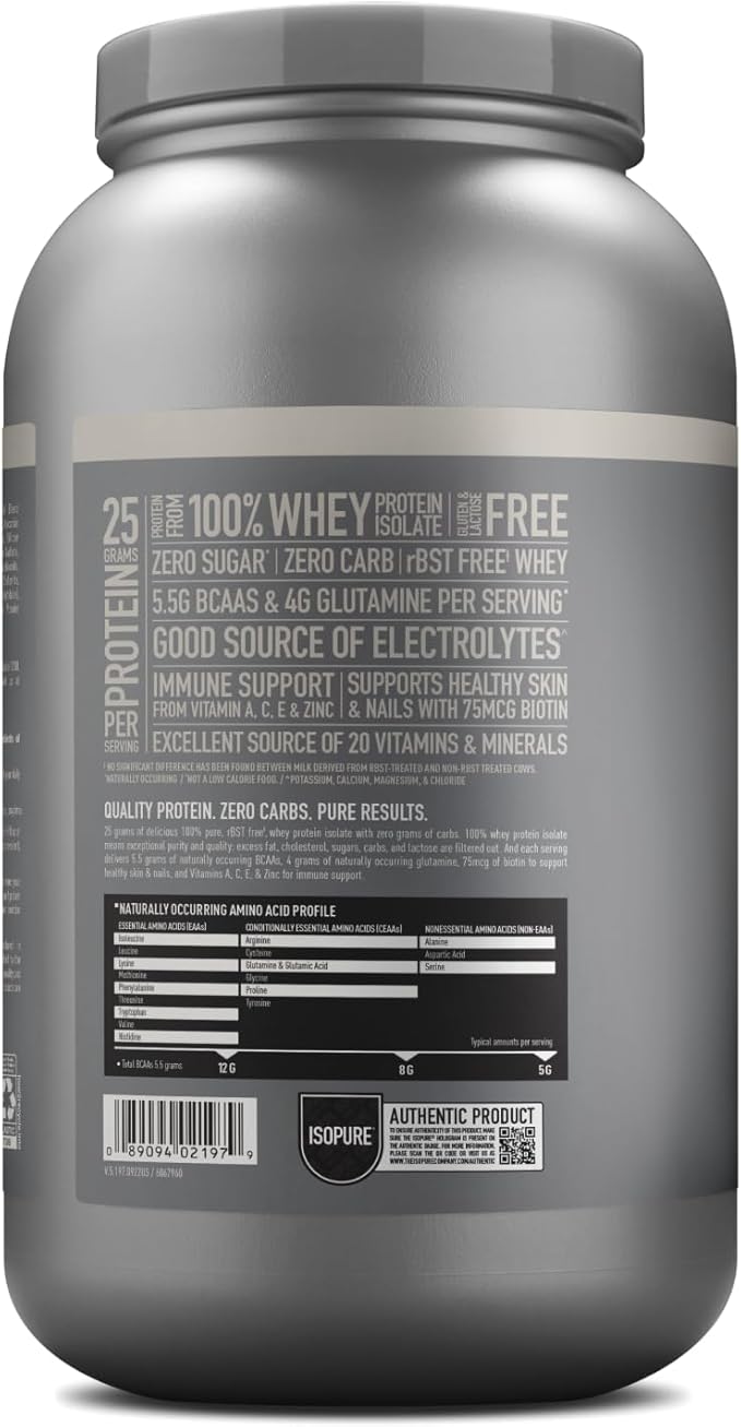 Isopure Zero Carb 100% Pure Whey Isolate Protein Powder, Lactose Free, Gluten Free, With Vitamins, Cookies & Cream, 25g Protein Per Serving, 3 Lbs, 44 Servings