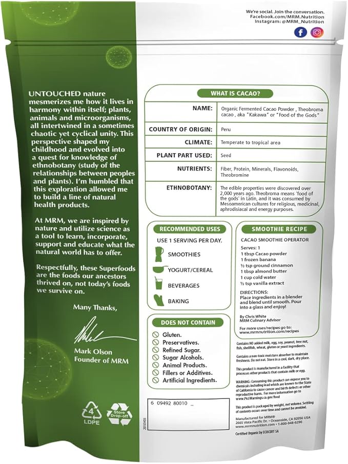 MRM Nutrition Organic Fermented Cacao Powder | Superfood | Antioxidant-rich | Gluten free + vegan | 43 servings