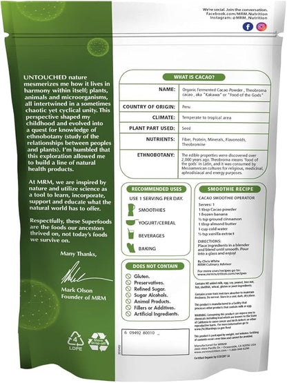 MRM Nutrition Organic Fermented Cacao Powder | Superfood | Antioxidant-rich | Gluten free + vegan | 43 servings