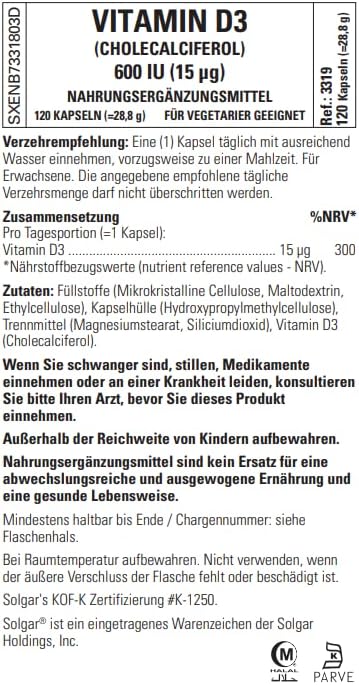 Solgar Vitamin D3 (Cholecalciferol) 15 mcg (600 IU), 120 Vegetable 120 Servings