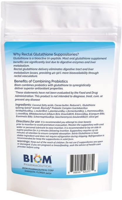 High Potency 500mg Reduced L-Glutathione (Setria Brand) + Probiotic Suppository. Maximum Bioavailable Glutathione Formulation with Powerful Antioxidants. Probiotic Complements The Formulation