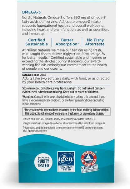 Nordic Naturals Omega-3, Lemon Flavor - 60 Soft Gels - 690 mg Omega-3 - Fish Oil - EPA & DHA - Immune Support, Brain & Heart Health, Optimal Wellness - Non-GMO - 30 Servings