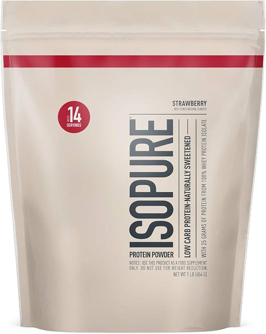 Isopure Low Carb 100% Pure Whey Isolate Protein Powder, Lactose Free, Gluten Free, With Vitamins, Strawberry, 25g Protein Per Serving, 1 Lb, 14 Servings