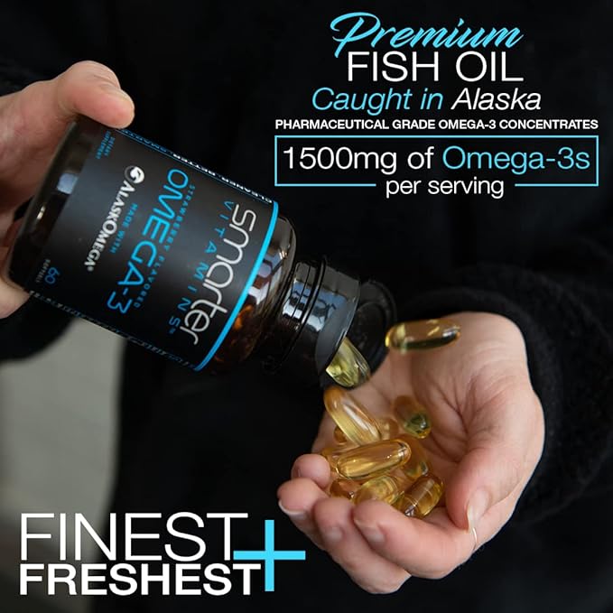(5 Pack) Smarter Omega 3 Fish Oil, Berry Flavor, Burpless, Tasteless, 2000mg, Potent Triple Strength DHA EPA Brain Omega-3, Joint & Heart Support, Made with AlaskOmega®