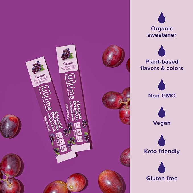 Ultima Replenisher Daily Electrolyte Powder Drink Mix – Grape, 20 Stickpacks – Hydration Packets with 6 Key Electrolytes and Trace Minerals – Keto Friendly, Vegan, Non-GMO and Sugar-Free