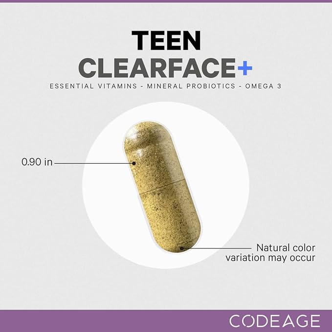 Codeage Teen Clearface Adolescent Face, Skin & Pimples, Vitamins A, C, D3, E, Pantothenic Acid, Niacin, Zinc Supplement Teenagers, Probiotics, L-Lysine, Omega-3, Oily Skin, Pores, Spots - 2 Pack