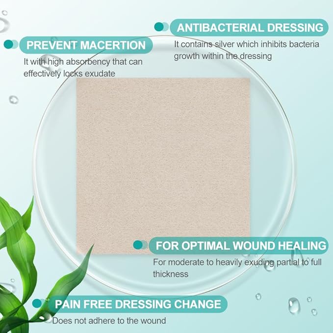 Dimora Upgrade Silver Calcium Alginate Wound Pads,4'' x 4'' Patches 5 Packs