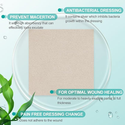 Dimora Upgrade Silver Calcium Alginate Wound Pads,4'' x 4'' Patches 5 Packs