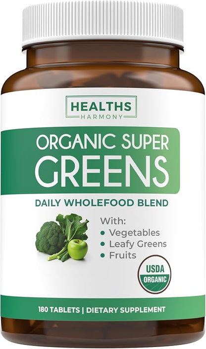 USDA Organic Greens Powder (180 Tablets) Convenient Pills - Complete Superfood Supplement with 28 Fruits & Vegetables - Super Antioxidants, Energy, Gut Health, and Immune Support (No Capsules)