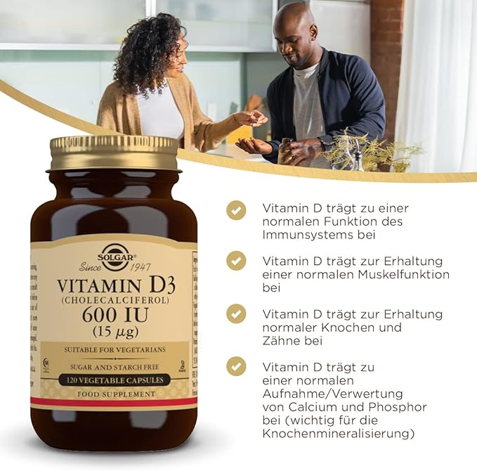 Solgar Vitamin D3 (Cholecalciferol) 15 mcg (600 IU), 120 Vegetable 120 Servings