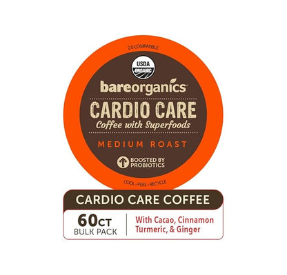 BareOrganics Cardio Care Coffee With Superfoods & Probiotics | Keurig K-Cup Compatible Coffee Pods | USDA Certified Organic, Vegan, Non-GMO & Recyclable 72ct