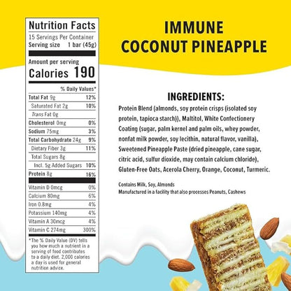 JiMMY'S! Functional Immune Protein Bar - Coconut Pineapple - 15 count - Immune Support with 300% Daily Vitamin C - Immune System Fortifying Ingredients: Vitamin C, Turmeric, Orange, Acerola Cherry and Almonds