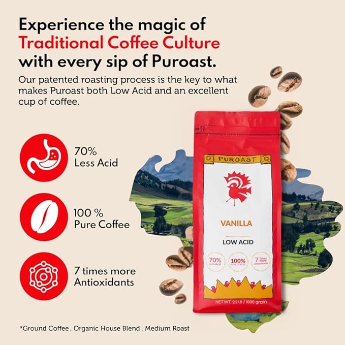 Puroast Low Acid Coffee Ground | Vanilla Blend Ground | Medium Roast | High Antioxidants & High pH |No Bitter Aftertaste | Reduced Heartburn & GERD | Suitable for Cold Brew - 2.2 LB