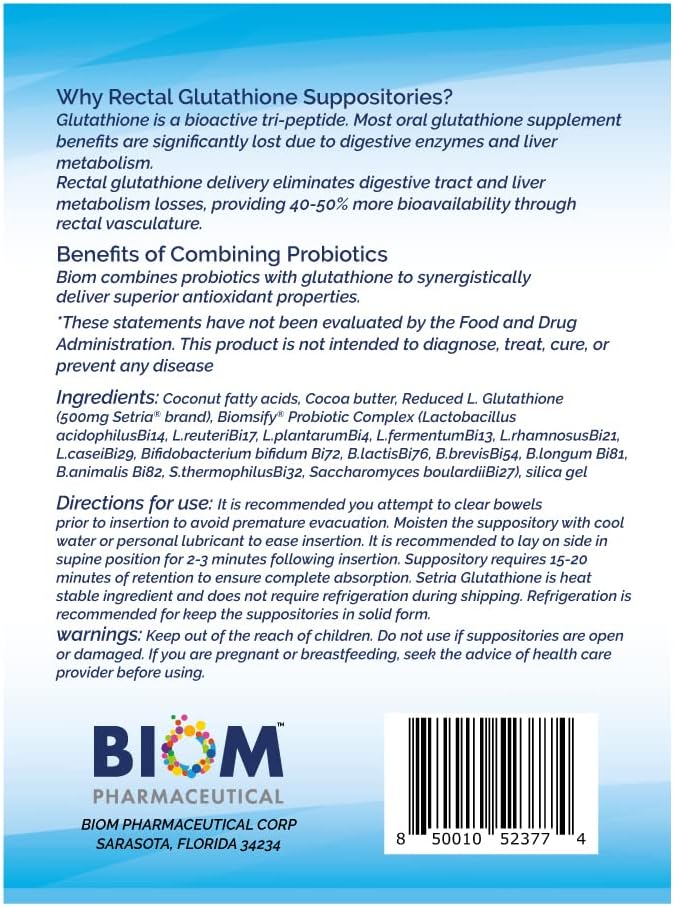 High Potency 500mg Reduced L-Glutathione (Setria Brand) + Probiotic Suppository. Maximum Bioavailable Glutathione Formulation with Powerful Antioxidants. Probiotic Complements The Formulation