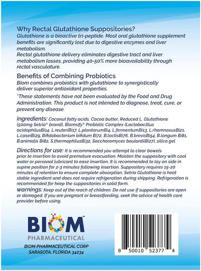 High Potency 500mg Reduced L-Glutathione (Setria Brand) + Probiotic Suppository. Maximum Bioavailable Glutathione Formulation with Powerful Antioxidants. Probiotic Complements The Formulation