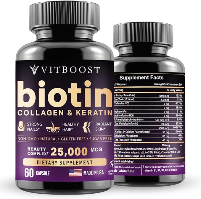 Biotin with Hyaluronic Acid, Collagen and 25000 mcg B1, B2, B2, B3, B3, B6, B6, B7 B7 Complex 60 Capsules