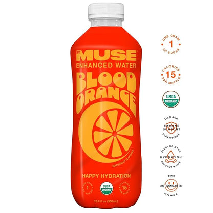 MyMuse Organic Enhanced Flavored Water, Blood Orange, 16.9 Fl Oz Bottle (12 pack), 1G of Sugar, Immune Support with Zinc & Elderberry, Antioxidants Vitamin E, Low Calories, USDA organic