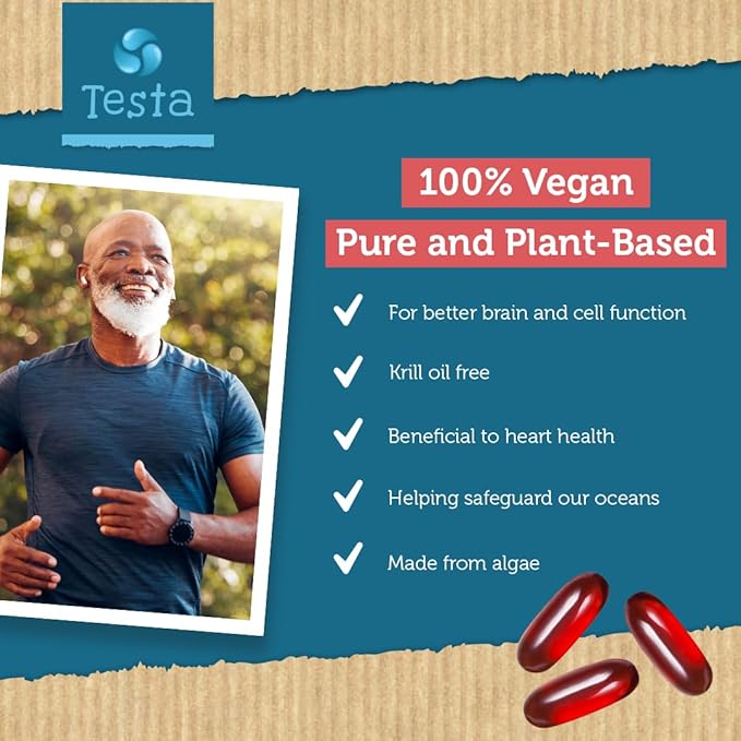 Testa Omega 3 Vegan Krill Supplement-1000mg 2 Times Omega-3, DHA, 60 Softgels