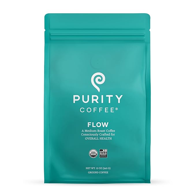 Purity Coffee FLOW Original Medium Roast Ground Coffee for Focus and Clean Energy - USDA Organic and Third-Party Tested for Antioxidants, Mold, Mycotoxins and Pesticides - 12oz