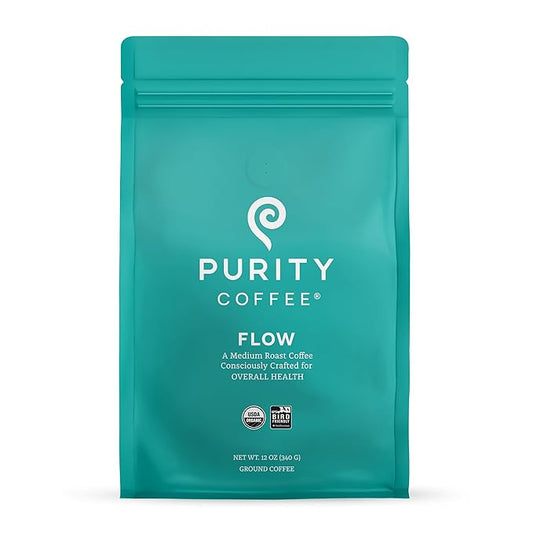 Purity Coffee FLOW Original Medium Roast Ground Coffee for Focus and Clean Energy - USDA Organic and Third-Party Tested for Antioxidants, Mold, Mycotoxins and Pesticides - 12oz
