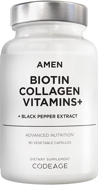 Amen Biotin Collagen Vitamins+ Advanced Hair, 10,000mcg Biotin, 3-Month Supply, 90 Capsules