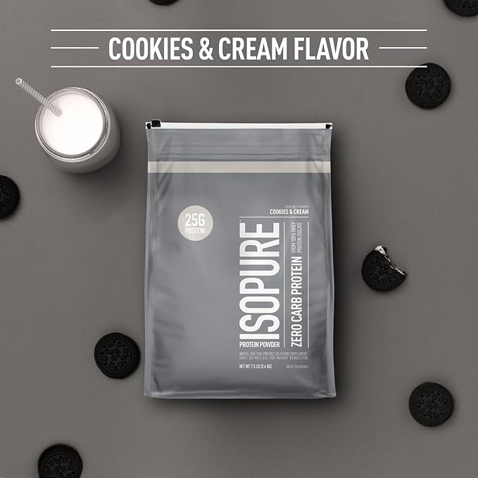 Isopure Zero Carb 100% Pure Whey Isolate Protein Powder, Lactose Free, Gluten Free, With Vitamins, Cookies & Cream, 25g Protein Per Serving, 7.5 Lbs, 110 Servings
