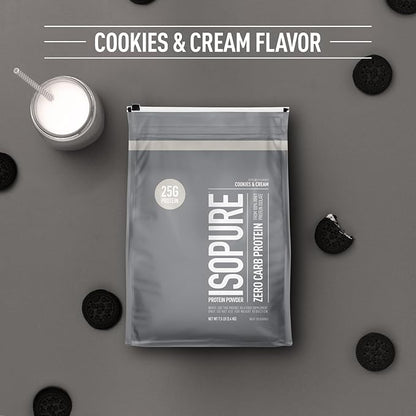 Isopure Zero Carb 100% Pure Whey Isolate Protein Powder, Lactose Free, Gluten Free, With Vitamins, Cookies & Cream, 25g Protein Per Serving, 7.5 Lbs, 110 Servings