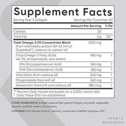 Sports Research Total Omega-3 Fish Oil 960mg of (120 Softgels)