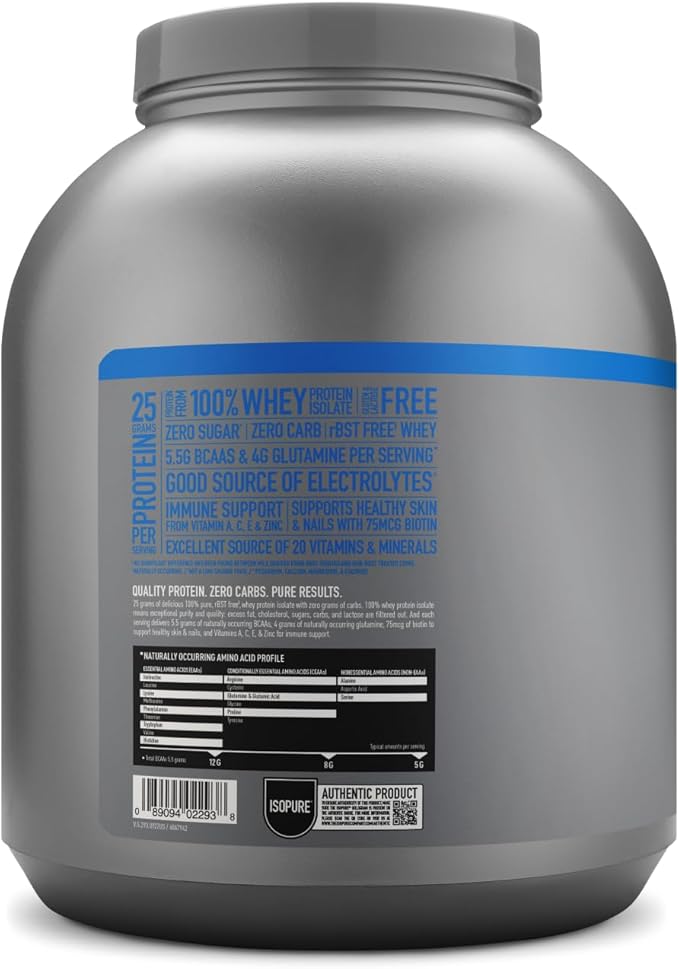 Isopure Zero Carb 100% Pure Whey Isolate Protein Powder, Lactose Free, Gluten Free, With Vitamins, Creamy Vanilla, 25g Protein Per Serving, 4.5 Lbs, 66 Servings