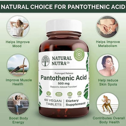 Natural Nutra Time Release Pantothenic Acid 500 mg, Vitamin B5 Supplement Helps Break Down Fat and Carbohydrates, Metabolism and Energy, Improve Muscle Health, 60 Vegetarian Tablets (3 Pack)