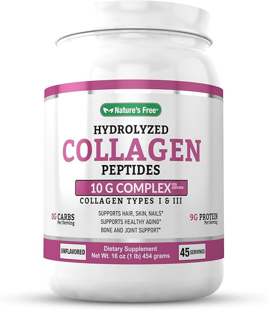 Nature's Free Hydrolyzed Collagen Peptides Powder 10G Hair, 9g Protein 1lb Unflavored 45 Servings 45 Days