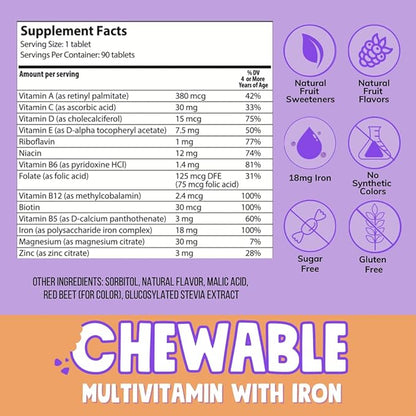 NovaFerrum Yummo | Kids Chewable Multivitamin with Iron | 18mg of Iron | Sugar Free | 90 Servings |Fruit Flavor |Immune Support