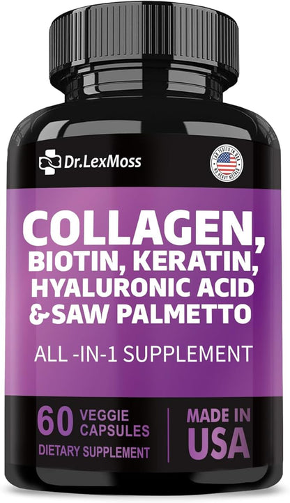 Collagen Pills 1000mg Biotin 10000mcg Keratin 2500mg Hyaluronic 60 Capsules
