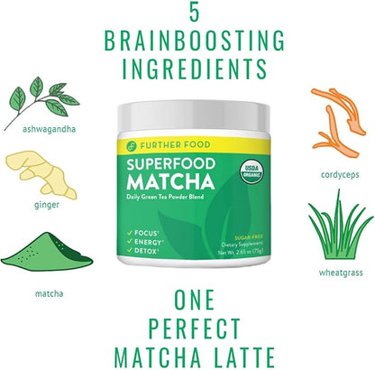Further Food Premium Matcha Green Tea Powder USDA Organic Japanese Matcha Powder, Natural Energy + Focus + Boost Immune System, Antioxidant Plant-Based Detox Superfood (30 Servings)