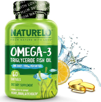 NATURELO Burpless Omega 3 Fish Oil Supplement - 1100mg Triglyceride Omega-3, EPA + DHA, Liquid Fish Oil Omega 3 for Heart, Eye, Brain, Joint Health - 60 Softgels, 2 Months Supply