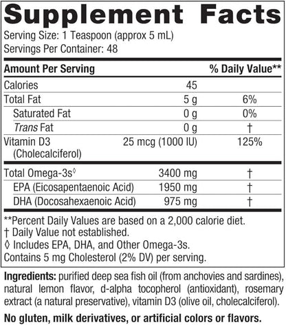 Nordic Naturals Ultimate Omega Xtra Liquid, 8 oz 3400 mg Omega-3 + 1000 IU D3 - Omega-3 Fish 48 Servings