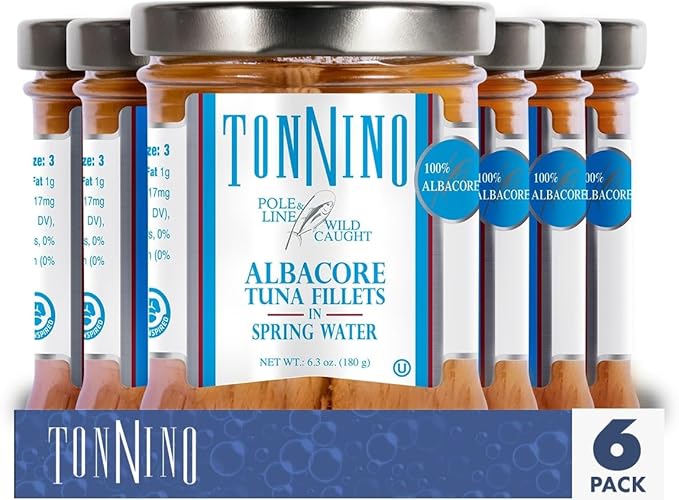 Tonnino Albacore Tuna in Water 6.3 oz - Premium 6-Pack Omega-3 Rich, High Protein, Gluten-Free, Ready-to-Eat Tuna Packets for Tuna Salad, Tuna Fish Alternative to Salmon, Kosher, Pole & Line Caught