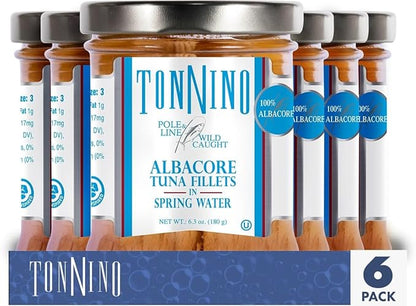Tonnino Albacore Tuna in Water 6.3 oz - Premium 6-Pack Omega-3 Rich, High Protein, Gluten-Free, Ready-to-Eat Tuna Packets for Tuna Salad, Tuna Fish Alternative to Salmon, Kosher, Pole & Line Caught