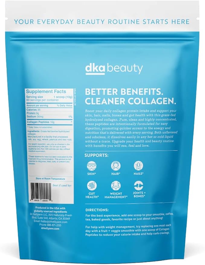Dr. Kellyann Hydrolyzed Collagen Peptides Protein (60 Servings, 1.3lbs) Grass 9g, Collagen 10g