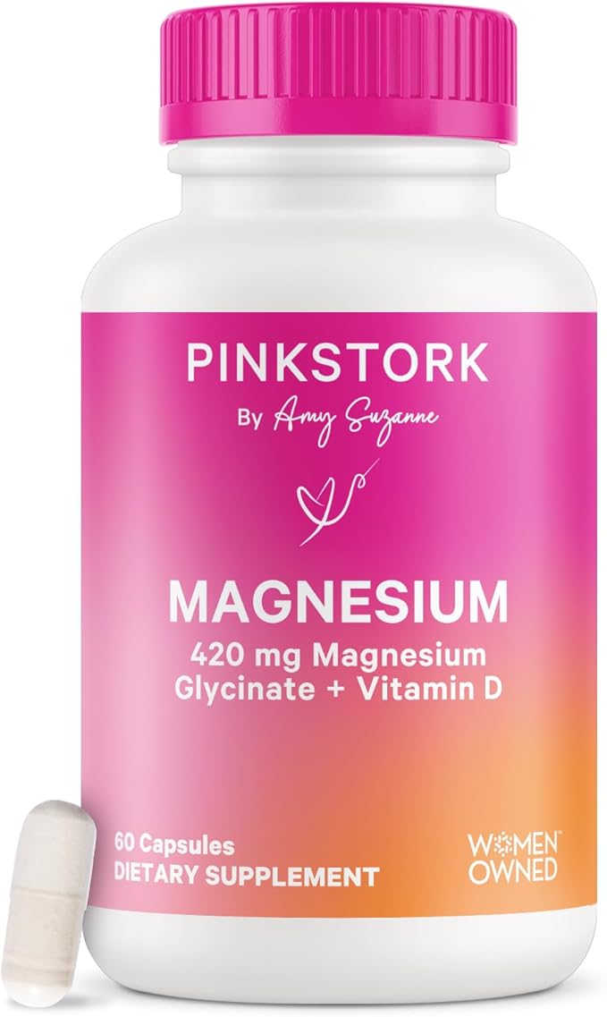 Pink Stork Magnesium Glycinate with Vitamin D - Magnesium Supplement for Women to Support Natural Calm, Mood, and Sleep - Hormone Balance for Women - 60 Capsules, 1 Month Supply