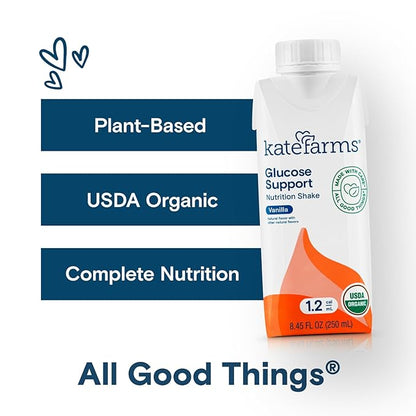 KATE FARMS Organic Plant Based 1.2 Glucose Support Shake, Vanilla, 16g Protein, 27 Vitamins and Minerals, Diabetic Nutrition Meal Replacement, Gluten Free and Non-GMO, 8.45 oz (6 Pack)