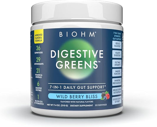 BIOHM Digestive Greens, Green Superfood Powder with Antioxidants, Vitamins and Probiotics, Super Greens, Supplement with Enzymes, Ashwagandha, Spirulina, Chlorella, Berry Flavor (30 Servings)