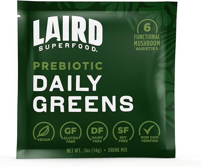 Laird Superfood Prebiotic Daily Greens Powder - Pack of 15 Single Serve Sachets - Essential Vitamins & Minerals - Fiber, Adaptogen & Fruits, Vegetables – Supports Gut Health – Non-GMO, Vegan