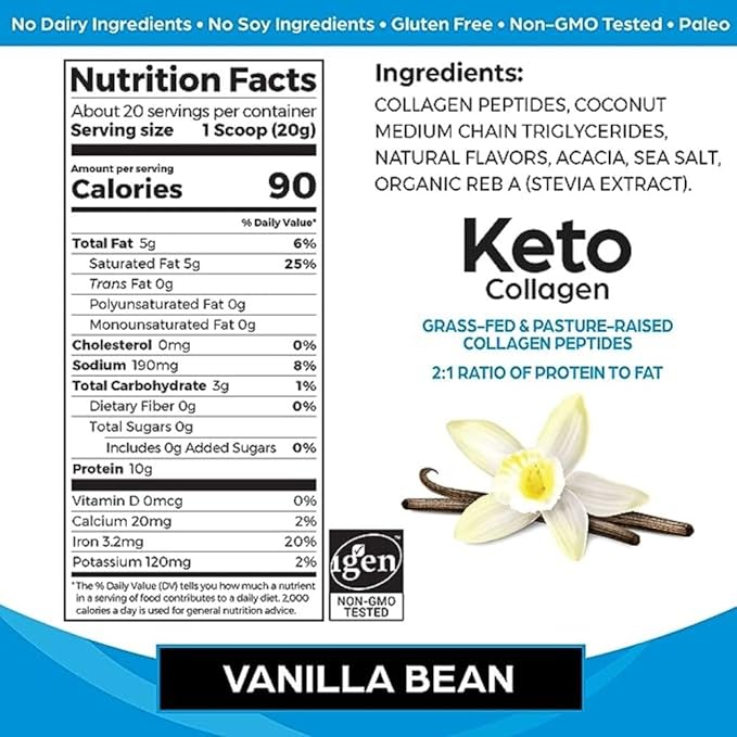 Orgain Keto Collagen Protein Powder, Vanilla 10g Grass 5g MCT 0.88lb