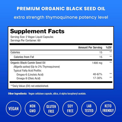 NutraChamps Organic 120 Vegan Softgel Black Cumin Seed Oil Capsules, 1400mg Per Serving Virgin Cold Pressed Nigella Sativa Oil Pills with Thymoquinone & Vitamin E, Rich in Omega 3 6 9