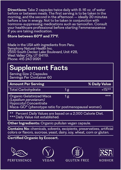 Femmenessence MacaPause – Clinically Proven for Post Menopause, Natural Hormone Balance Supplements for Women, Bone and Heart Health, Symptom Relief, Organic Maca Root Capsules (120)
