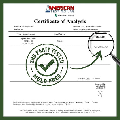 Peak Performance High Altitude Organic Decaf Coffee. Fair Trade, Low Acid, Non GMO, and Beans Full Of Antioxidants. Medium Roast Smooth Tasting USDA Certified Organic Decaffeinated Ground Coffee Bag
