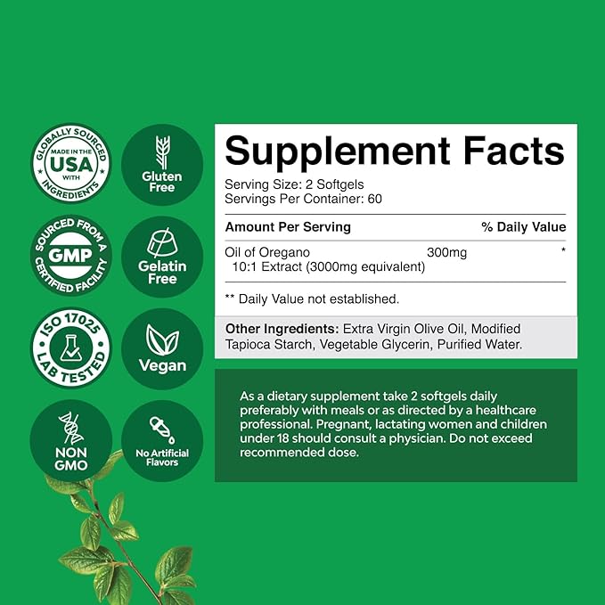 Vegan Wild Oregano Oil Softgels 3000mg Herbal 70% Carvacrol (120ct)
