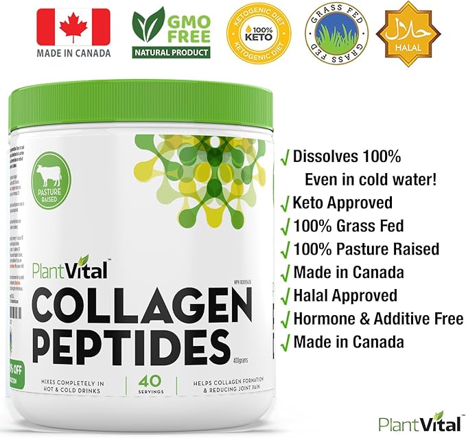 Plantvital Pure Collagen Peptides Powder 100% Grass 40 Servings. 400g - 1
