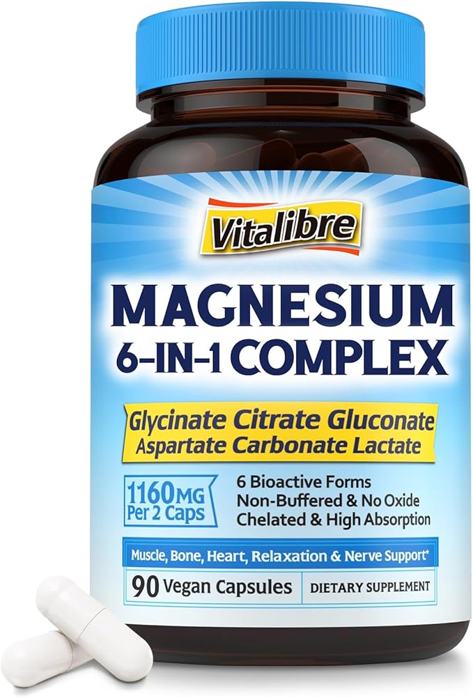 Magnesium Complex Supplement 1160mg for Sleep, Nerve & Muscle, 6 Forms of Max Absorption Magnesium Glycinate, Citrate, Aspartate, Gluconate, Carbonate & Lactate, (No Magnesium Oxide), 90 Vegan Caps